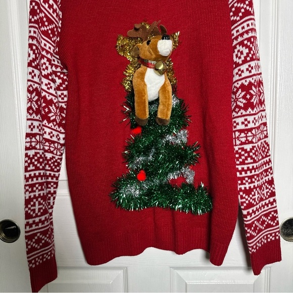 Ugly Christmas Sweater Juniors Womens 3D Pop Out Reindeer Tinsel Bell Medium - Picture 4 of 10